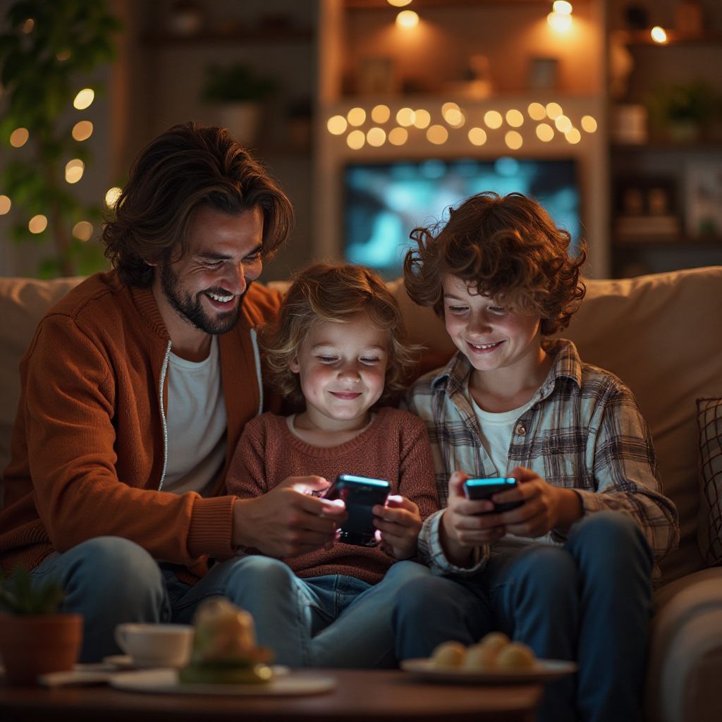 Family playing the game together on mobile devices